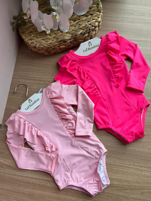 MAIÔ BODY MANGA LONGA BABADO PROTEÇÃO UV50+ MENINA UP BABY