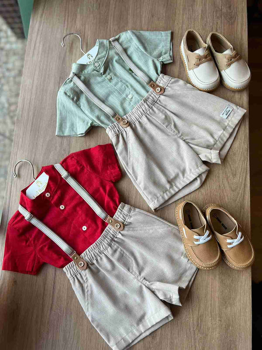 CONJUNTO INFANTIL CAMISA BATA MANGA CURTA COM BOTÕES SUSPENSÓRIO E BERMUDA MENINO ONDA MARINHA