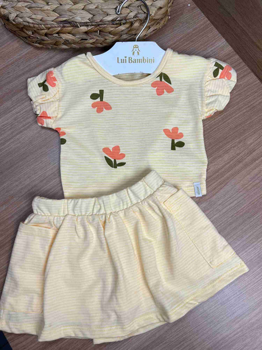 CONJUNTO BLUSA MANGA CURTA FLORES E SAIA MENINA ELIAN