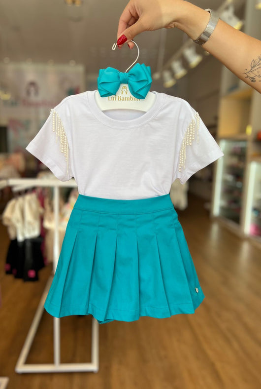 CONJUNTO BLUSA MANGA CURTA COM FRANJA DE PÉROLAS E SHORT SAIA PLISSADA MENINA 1+1 PRO45