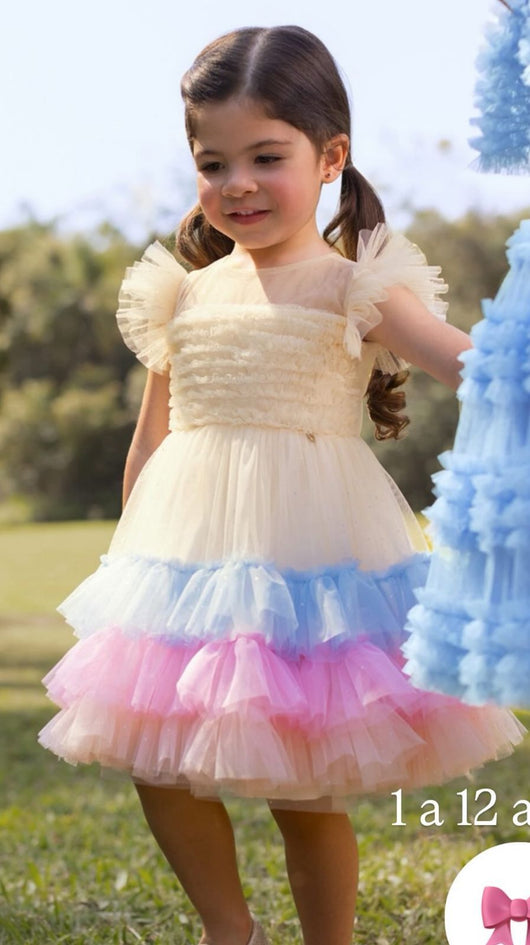 VESTIDO MANGA CURTA BABADO TULE GLITTER CORES ZÍPER MENINA PETIT CHERIE