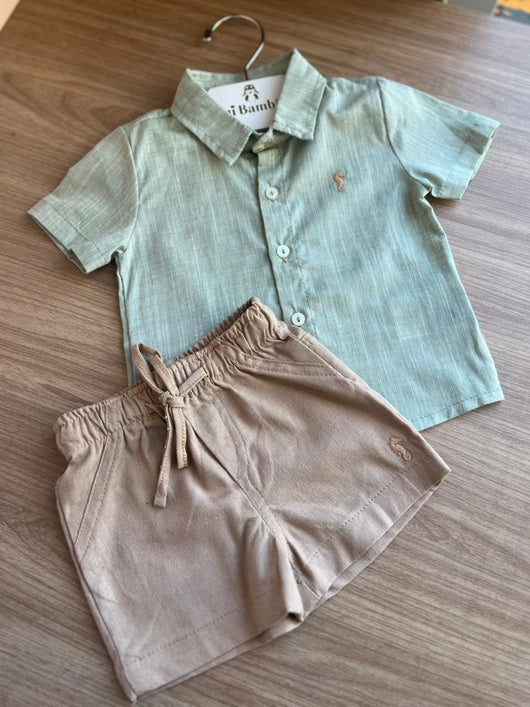 CONJUNTO CAMISA MANGA CURTA LINHO LEVE BOTÕES CAVALO MARINHO MINIMALISTA E BERMUDA MENINO ONDA MARINHA