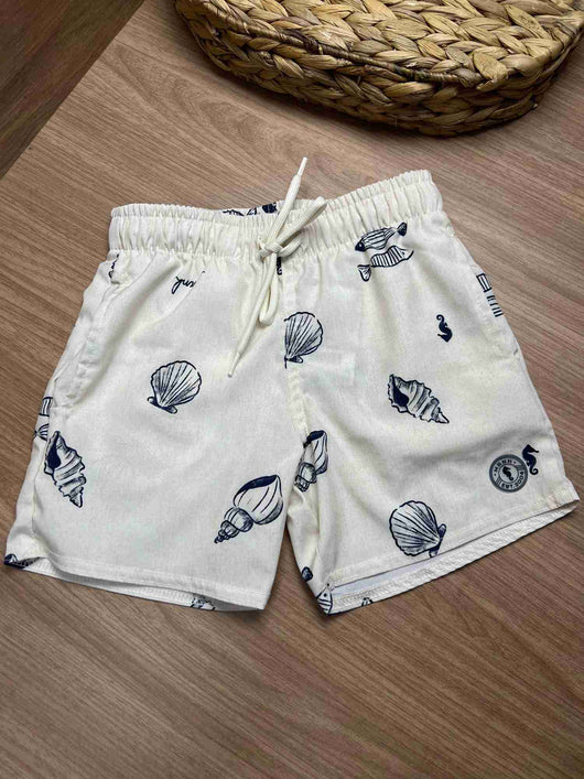 BERMUDA SHORT CORDÃO NYLON ANIMAIS FUNDO DO MAR CONCHA PEIXE CAVALO MARINHO MENINO ONDA MARINHA