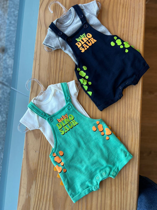 CONJUNTO BODY MANGA CURTA E MACACÃO BABY DINO MENINO FAKINI
