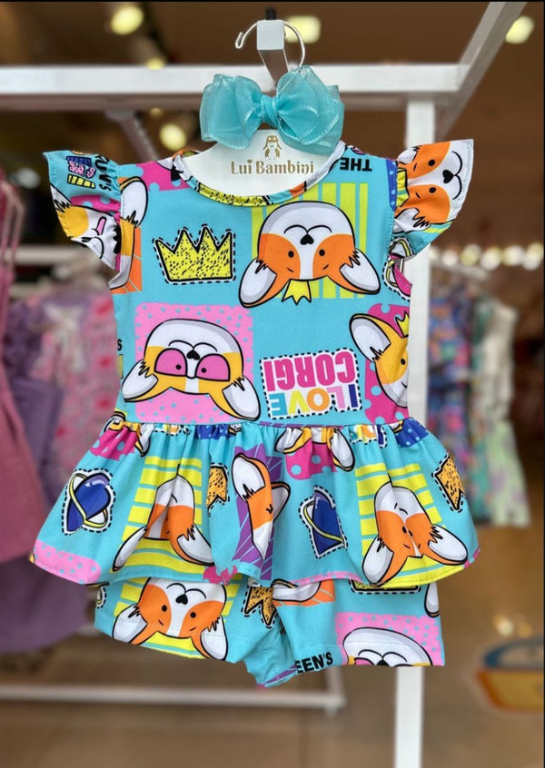CONJUNTO BLUSA MANGA CURTA BABADOS COM SHORT CACHORRINHO CORGI MENINA LUI BAMBINI