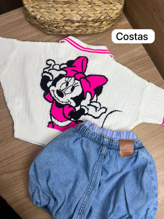 CONJUNTO BLUSA MANGA CURTA TRICO BOTÕES PATCH MINNIE E SAIA PINGENTE MENINA ANIMÊ