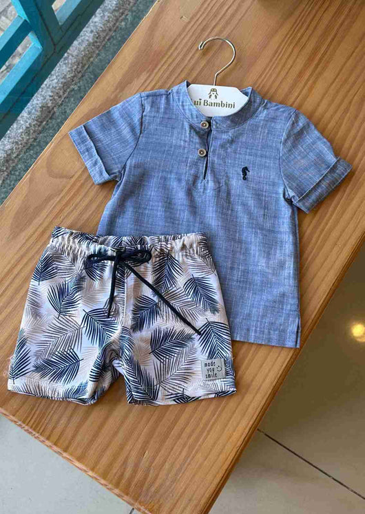 CONJUNTO CAMISA BATA MANGA CURTA LINHO E BERMUDA MOLETOM FOLHAGEM MENINO ONDA MARINHA PRO40
