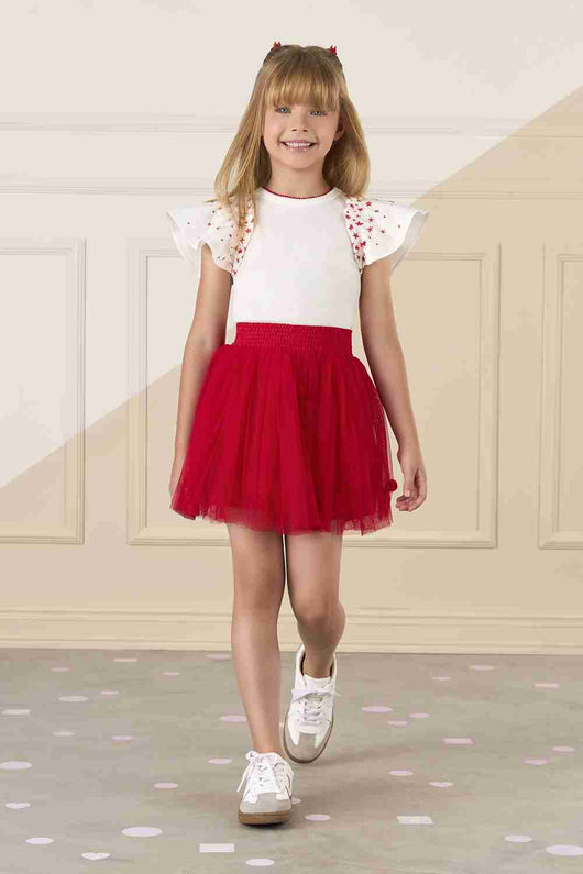 CONJUNTO BLUSA MANGA CURTA BUFANTE COM ESTRELAS E SAIA TULE MENINA MON SUCRE PRO25