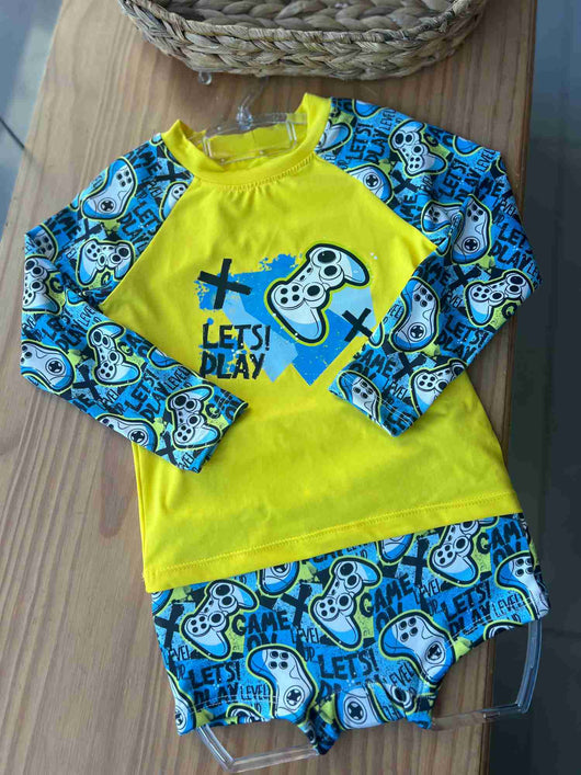 CONJUNTO CAMISA MANGA LONGA GAME LETS PLAY PROTEÇÃO UV50+ E SUNGA CONTROLES MENINO LUI BAMBINI
