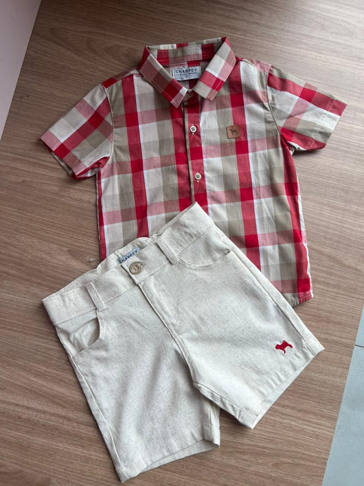 CONJUNTO CAMISA MANGA CURTA XADREZ QUADRICULADO COM BOTÕES E BERMUDA LINHO BOLSO BORDADO MENINO CHARPEY