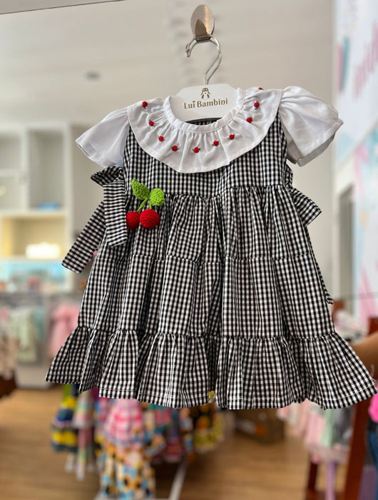 Vestido Junino Manga Curta Xadrez com Tulipas Bordadas E Cerejas Tricô Menina Lui Bambini Pro40