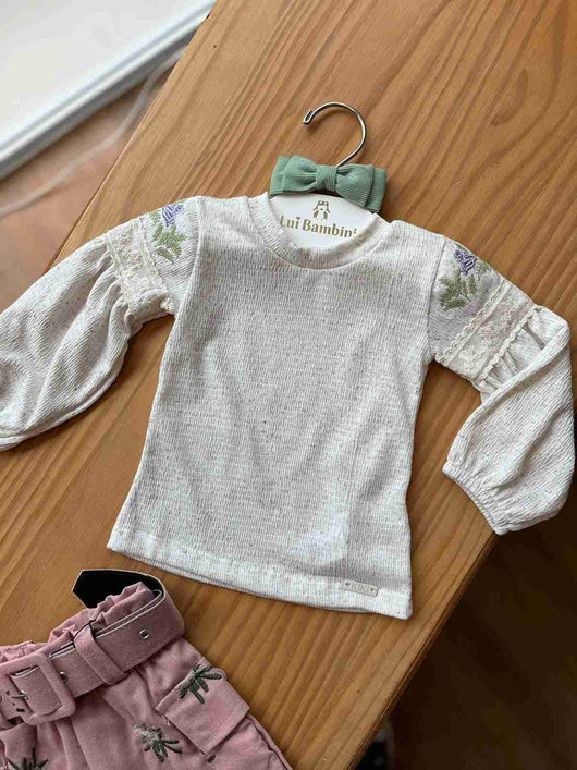 BLUSA MANGA LONGA COM RENDAS E BORDADOS FLORAIS MENINA KIKI XODO