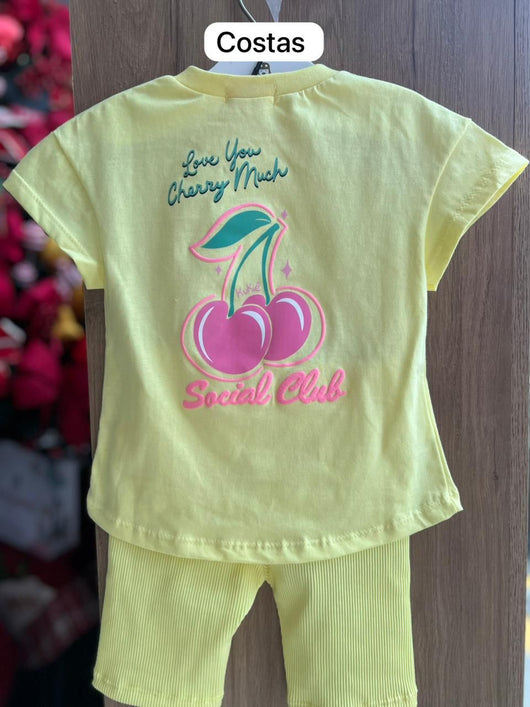 CONJUNTO BLUSA MANGA CURTA SOCIAL CLUB CEREJA E SHORT CANELADO CICLISTA MENINA KUKIÊ