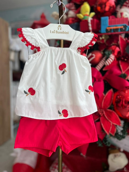 CONJUNTO BLUSA CROPPED ALÇA CEREJAS BORDADO E SHORT MENINA NANAI