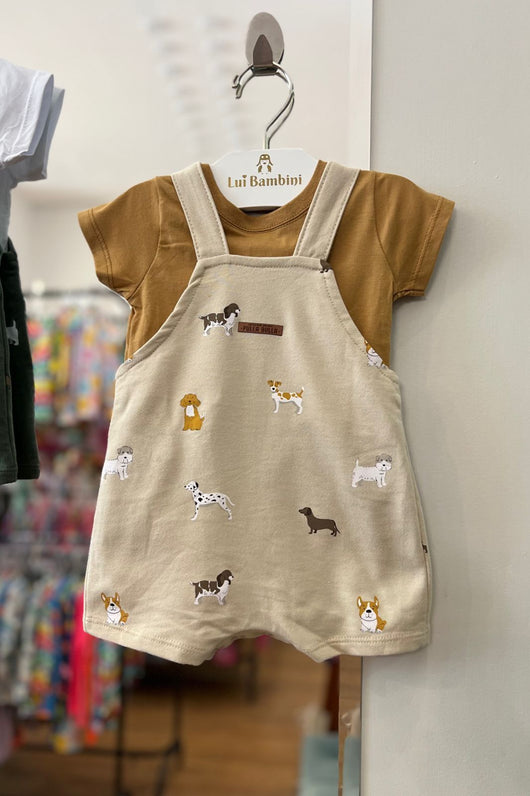 CONJUNTO CAMISETA MANGA CURTA LISA E JARDINEIRA CACHORRINHOS MENINO PULLA BULLA