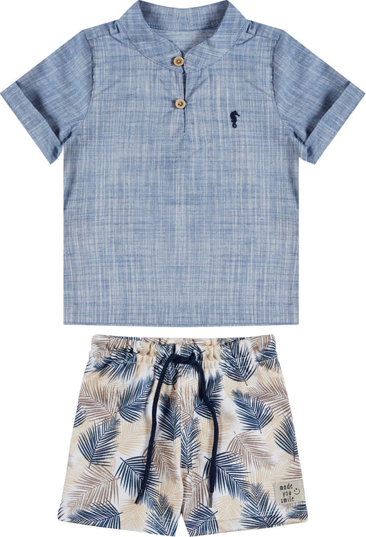 CONJUNTO CAMISA BATA MANGA CURTA LINHO E BERMUDA MOLETOM FOLHAGEM MENINO ONDA MARINHA PRO40