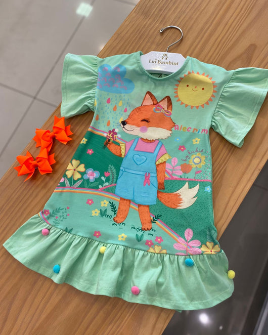 VESTIDO MANGA CURTA EVASÊ RAPOSA FLORES E POMPONS MENINA KUKIE