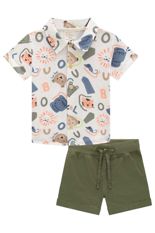 CONJUNTO CAMISA MANGA CURTA MUNDO ANIMAL COM BOTÃO E BERMUDA SARJA MENINO LUC BOO PRO35