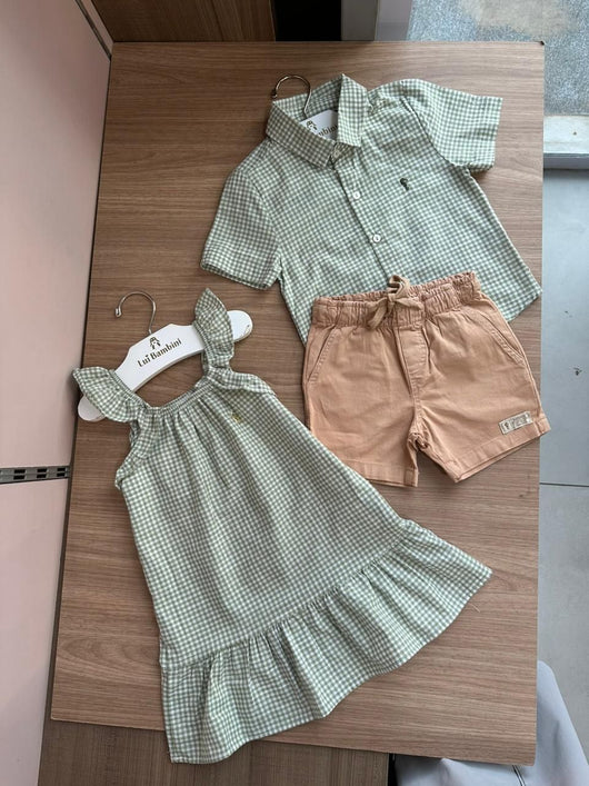 CONJUNTO CAMISA MANGA CURTA XADREZ COM SHORT BOLSO E CORDÃO MENINO ONDA MARINHA