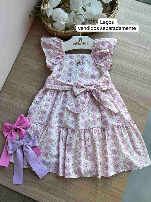 VESTIDO MANGA CURTA LAISE FLOR RENDA AMARRAÇÃO MENINA MOMI