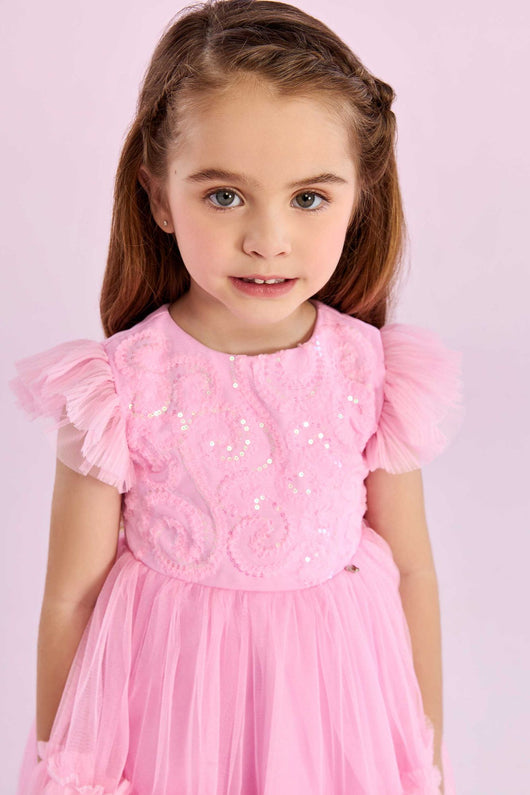 VESTIDO MANGA CURTA BABADO PAETES TULE ZÍPER MENINA PETIT CHERIE