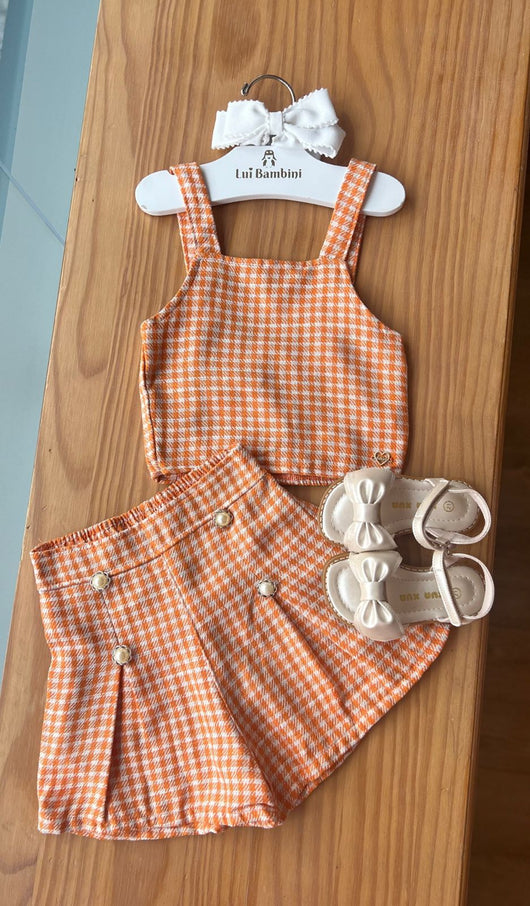 CONJUNTO BLUSA REGATA ALCA E SHORT XADREZ MAQUINETADA COM BOTOES MENINA FAKINI PRO30