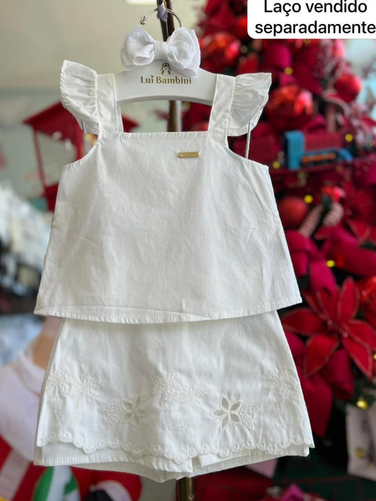 CONJUNTO BLUSA ALÇA BABADO BATA E SAIA BORDADO MENINA COLORITTA