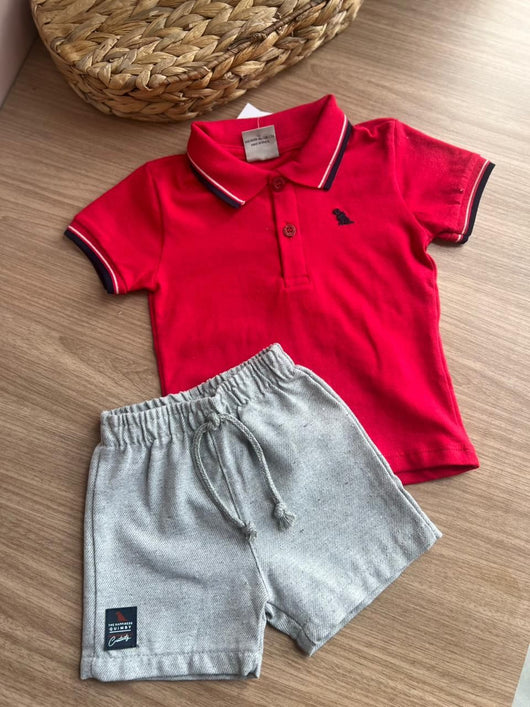 CONJUNTO CAMISA MANGA CURTA POLO PIQUET MINIMALISTA CACHORRO E BERMUDA MENINO QUIMBY