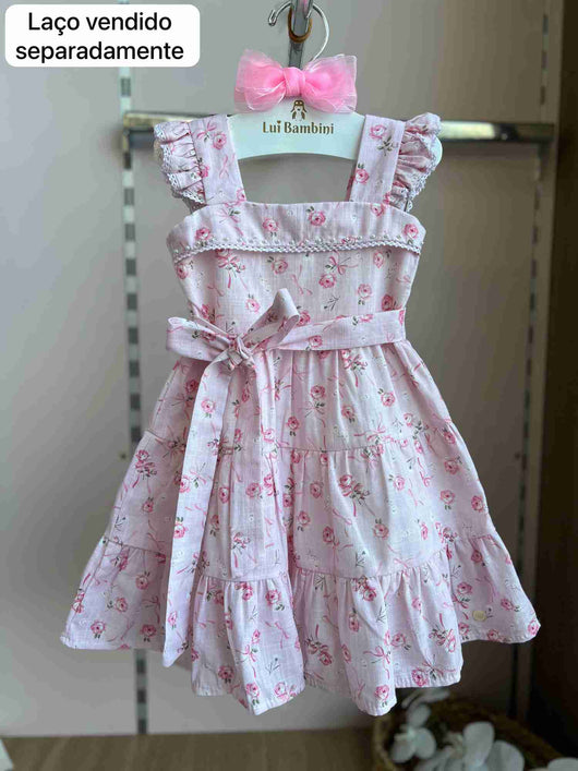 VESTIDO ALÇA BABADO RENDA PÉROLAS AMARRAÇÃO FLORES MENINA PETIT CHERIE