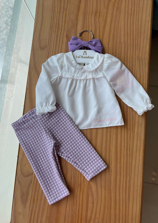 CONJUNTO MANGA LONGA COM BABADOS E BORDADO CALCA QUADRICULADA MENINA MON SUCRE PRO45
