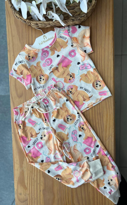 CONJUNTO PIJAMA BLUSA MANGA CURTA DONUTS CACHORRINHOS E CALÇA MENINA CINTI
