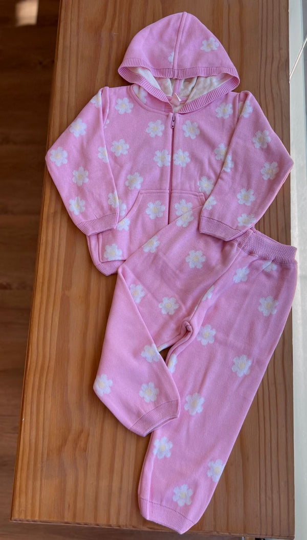 CONJUNTO CASACO MANGA LONGA CAPUZ BOLSO E CALÇA FLORAL MENINA MINI LADY
