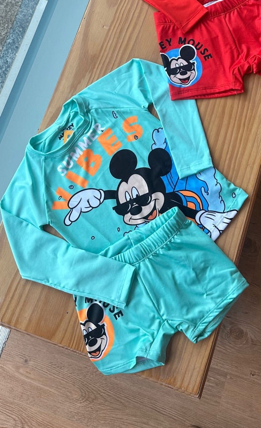 CONJUNTO CAMISETA MANGA LONGA SUMMER VIBES E SUNGA BOXER MICKEY UV50+ MENINO FAKINI