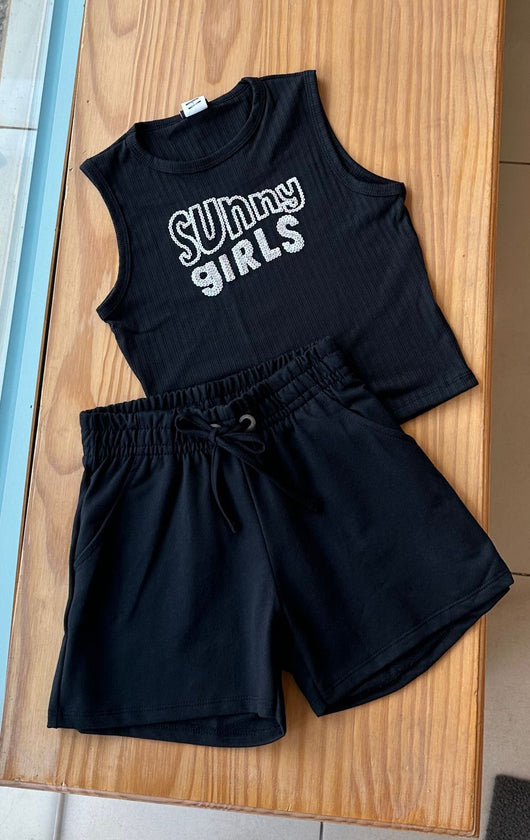 CONJUNTO BLUSA REGATA CANELADA COM SHORT CORDAO SUNNY GIRLS PAETES MENINA PULLA BULLA PRO40