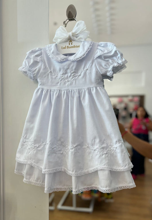 VESTIDO BATIZADO MANGA CURTA BORDADO COM PEROLAS E SAIA CURVAS E BABADO MENINA BARBARA KIDS