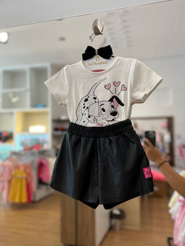 CONJUNTO BLUSA MANGA CURTA 101  DÁLMATAS E CORAÇÕES STRASS COM SHORT CIRRÊ LICENCIADO MENINA MOMI