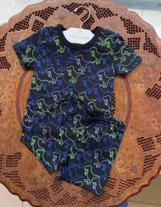 CONJUNTO PIJAMA MANGA CURTA E BERMUDA DINOSSAUROS MENINO ONDA MARINHA 40PRO50