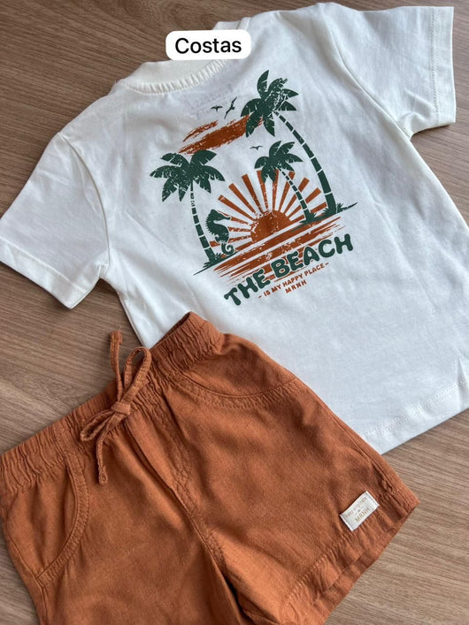 CONJUNTO CAMISETA MANGA CURTA BÁSICA CAVALO MARINHO MINIMALISTA E BERMUDA MENINO ONDA MARINHA