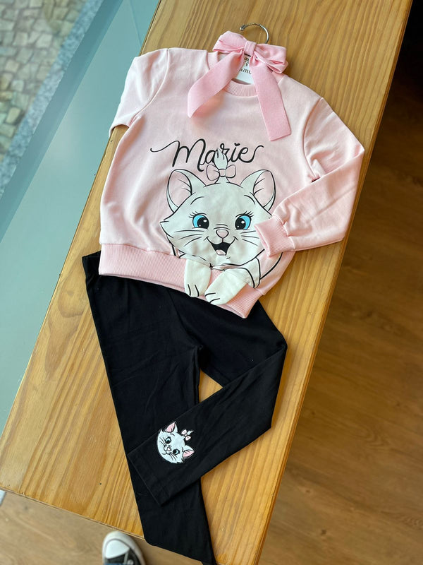 CONJUNTO CASACO MOLETOM MANGA LONGA GATINHA MARIE COM CALÇA LEGGING MENINA MOMI