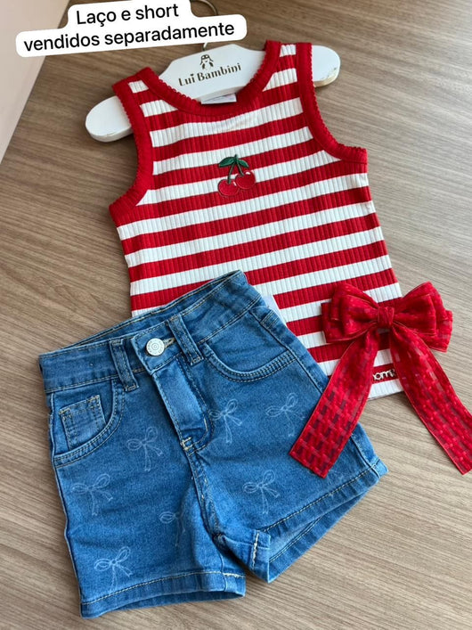 BLUSA REGATA LISTRADA PATCH CEREJA CANELADA MENINA MOMI