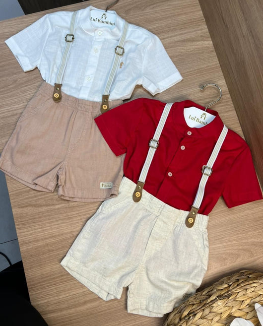 CONJUNTO CAMISA MANGA CURTA GOLA PADRE COM SUSPENSÓRIO E BERMUDA LINHO BATIZADO MENINO ONDA MARINHA