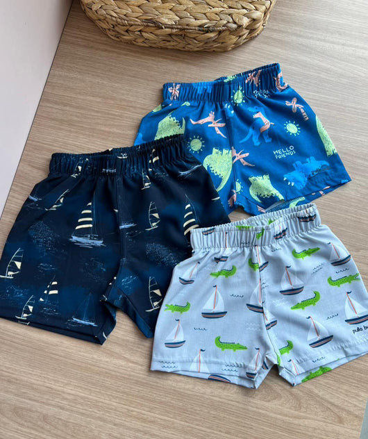 SHORT PRAIA NYLON DINO DINOSSAURO MENINO PULLA BULLA