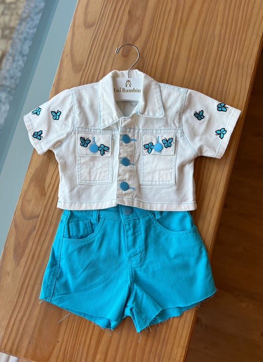 CONJUNTO BLUSA MANGA CURTA BORBOLETAS BORDADAS E SHORT COM BOLSOS E REGULAGEM MENINA LUI BAMBINI