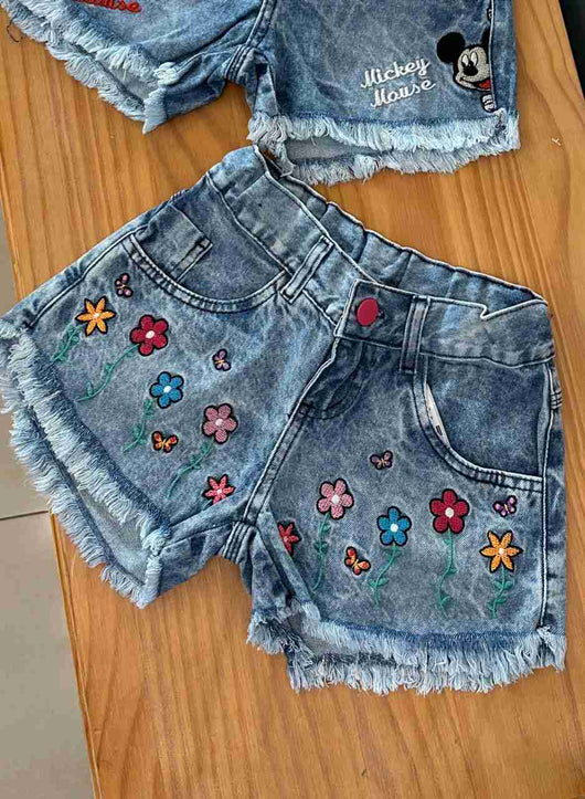 SHORT JEANS BARRA DESFIADA FLORES E BORBOLETAS BORDADAS MENINA LUI BAMBINI