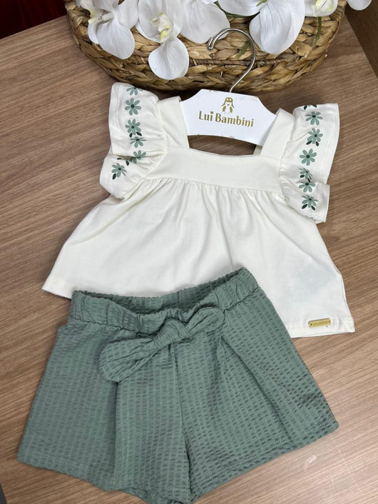 CONJUNTO BLUSA BATA ALÇA BABADO FLOR E SHORT MENINA COLORITTÁ