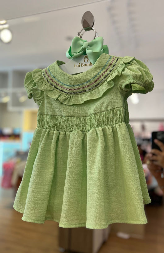 VESTIDO MANGA CURTA RODADO EM CREPE COM BABADOS E BORDADOS MENINA 1+1 PRO45