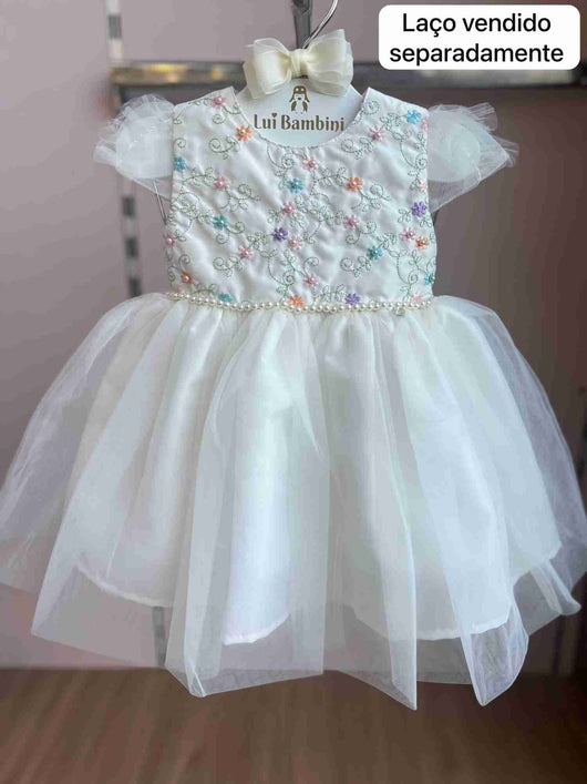 VESTIDO MANGA CURTA TULE FLORES BORBOLETA LAÇO COSTA MENINA CATTAI
