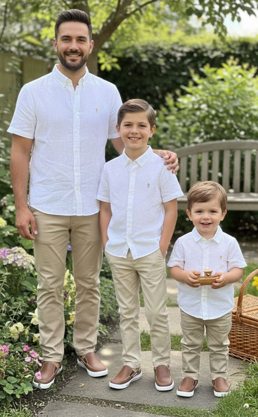 CAMISA MANGA CURTA BOTÕES CAVALO MARINHO MINIMALISTA LINHO LEVE PAI E FILHO MENINO ONDA MARINHA