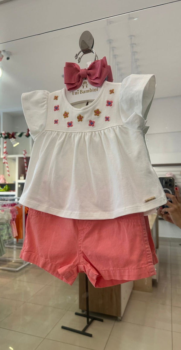 CONJUNTO BLUSA MANGA CURTA FLORES BORDADAS E SHORT SARJA MENINA NINI E BAMBINI