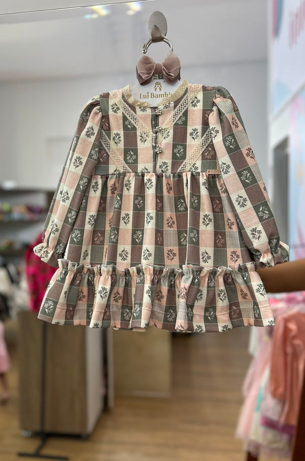 VESTIDO MANGA LONGA XADREZ FLORAL COM RENDA E BABADOS MENINA KIKI XODO
